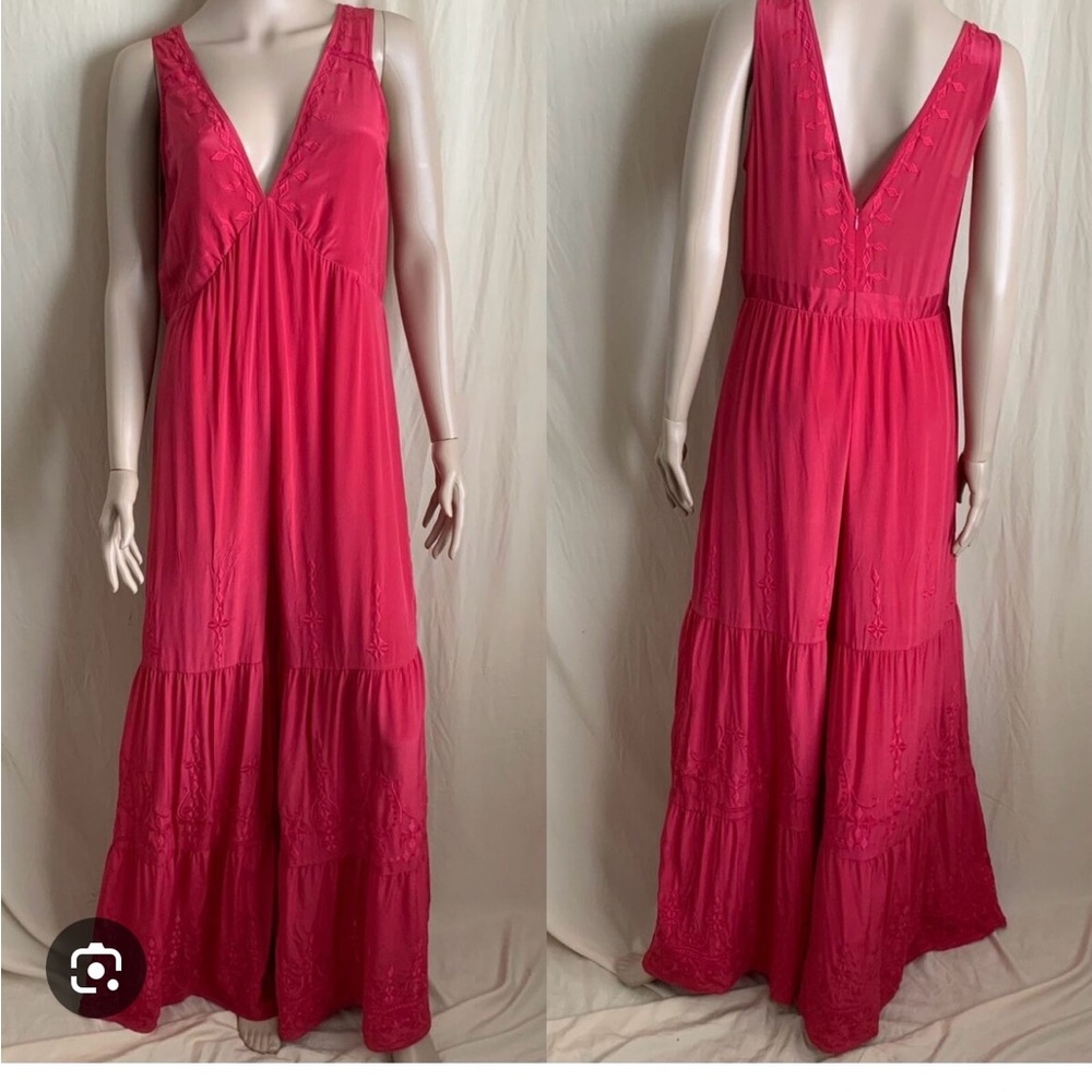 Anthropologie Elevenses berry pink silk jumpsuit.